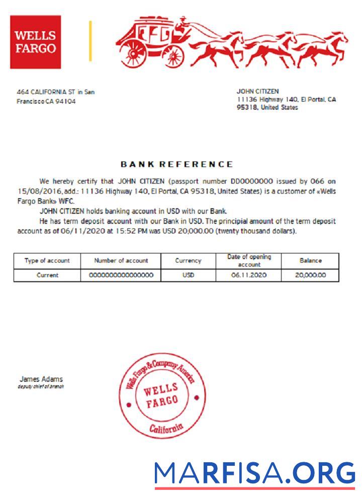 Realistic USA Wells Fargo Bank Reference example
